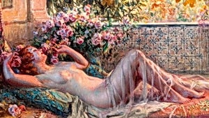 Nude Languishing with Roses Delphin Enjolras A naked girl with pretty flowers. A hot sexy woman or foxy female. Liteeroticart.